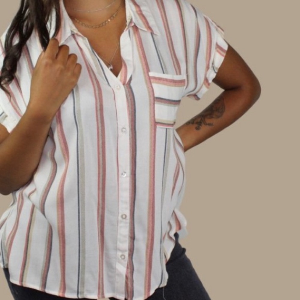 Multi-Colored Stripped Button Down Short Sleeve